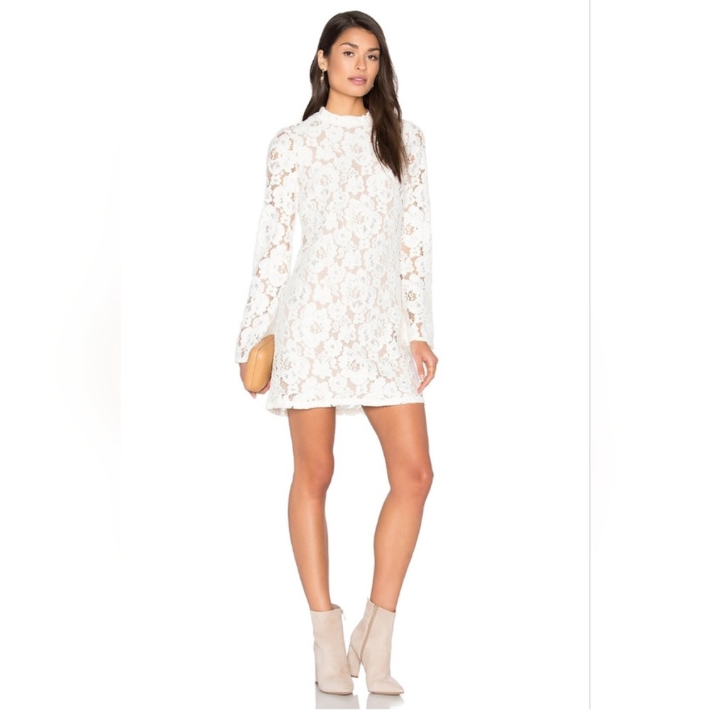 WAYF White Lace Belvue Dress Size XS Bell Sleeve Mini Nude Underlay